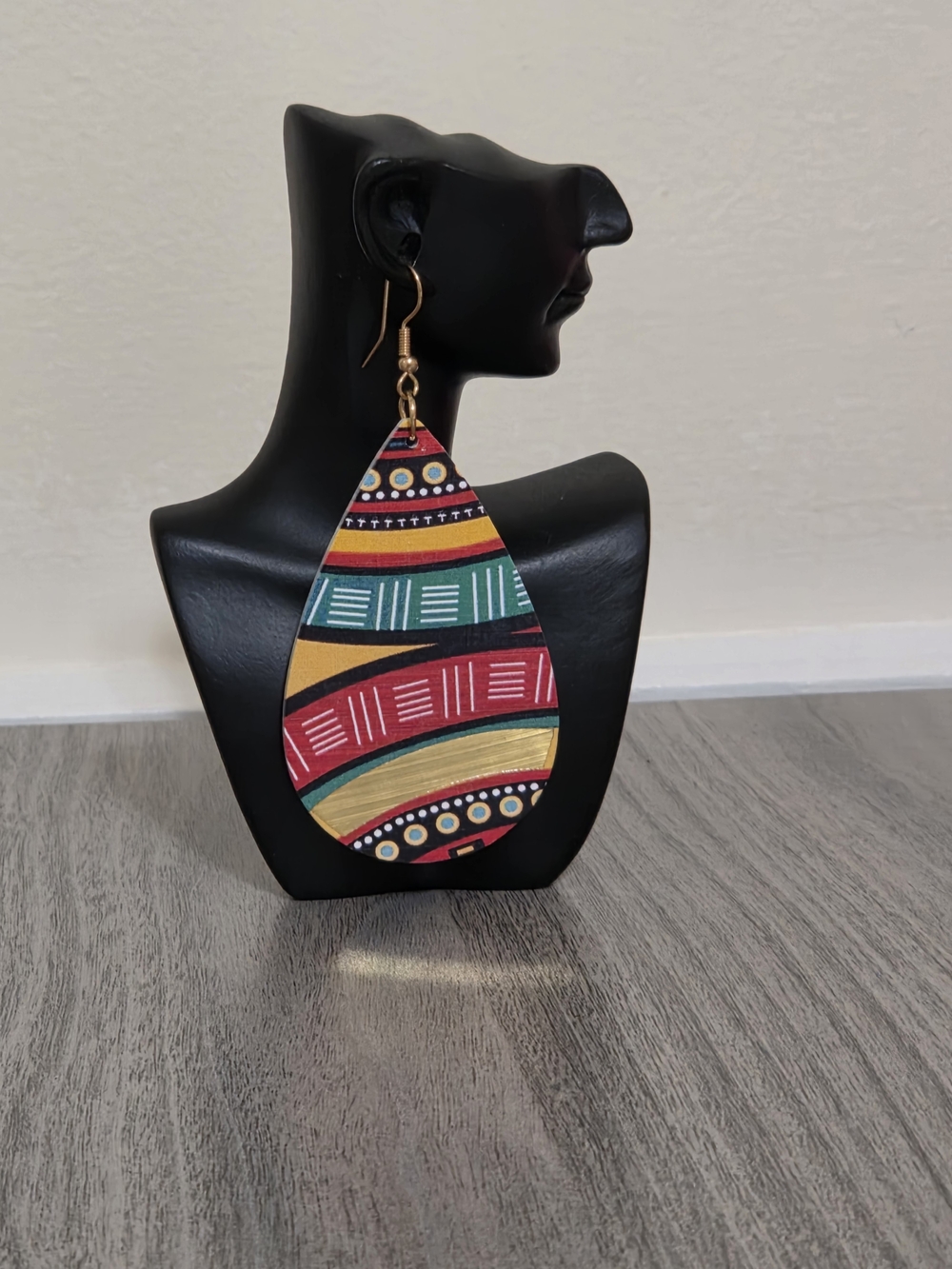 Boho African Print Teardrop Wood Dangle Earrings Ethnic Kente Pattern NIB